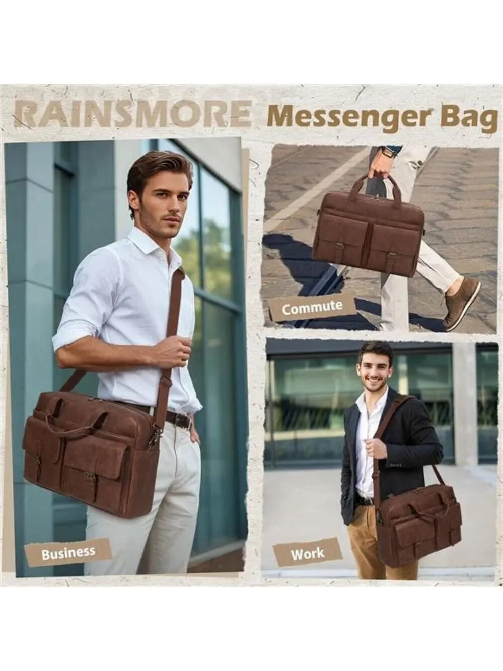 Mens Leather Laptop Bag 16 Inch Messenger Work Briefcase Shoulder Bag Brown